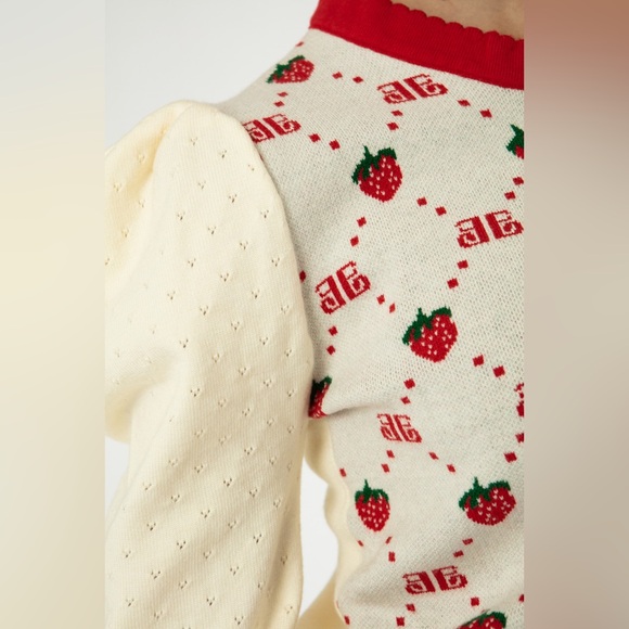EllandEmm NWOT Strawberry Monogram Cardigan in Cream and Red, Size S/M - Picture 11 of 14